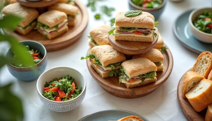 Small square sandwiches with fresh greens, cheese, onion, ham stack on tiered wooden platters. Colorful salads in ceramic bowls, sliced bread fill white table. Healthy buffet provides light meal for