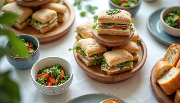 Small square sandwiches with fresh greens, cheese, onion, ham stack on tiered wooden platters. Colorful salads in ceramic bowls, sliced bread fill white table. Healthy buffet provides light meal for