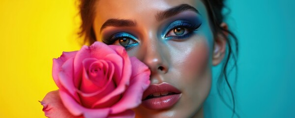 Young woman with vibrant blue eyeshadow holds pink rose near face. Skin dewy glow against split yellow, cyan background, creating striking visual contrast. Looks directly at viewer with subtle