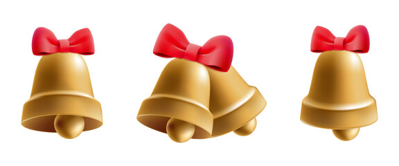 3D gold school bell icon, Christmas holly jingle. Clock notification decoration, wedding holiday ring. Last reminder alert, glossy alarm notice. Knowledge metal sound, round golden handbell vector