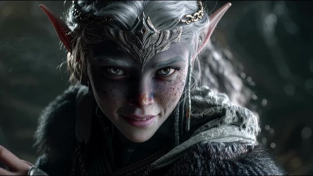 Close up portrait of an ethereal fantasy elf warrior with an intense gaze and subtle smile, representing a powerful mythical character concept for epic adventures