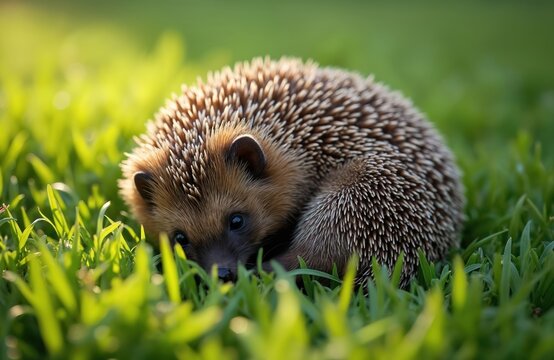 Small wild hedgehog curled up in ball on vibrant green grass. Cute spiny mammal hides face in soft lawn, peeking with dark eyes. Young animal rests peacefully outside, enjoying sunlit nature during