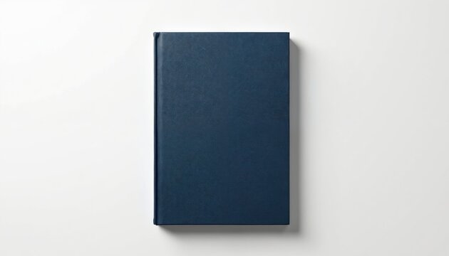 Dark blue book with textured hard cover lies flat on white. Blank space ideal mockup for novel, diary, textbook design. Object useful for school, office, learning, business, document, education,
