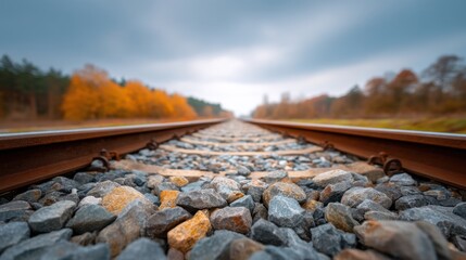 Tranquil Perspective of Deserted Railway Tracks Surrounded by Autumn Foliage Under Overcast Sky in Rural Landscape