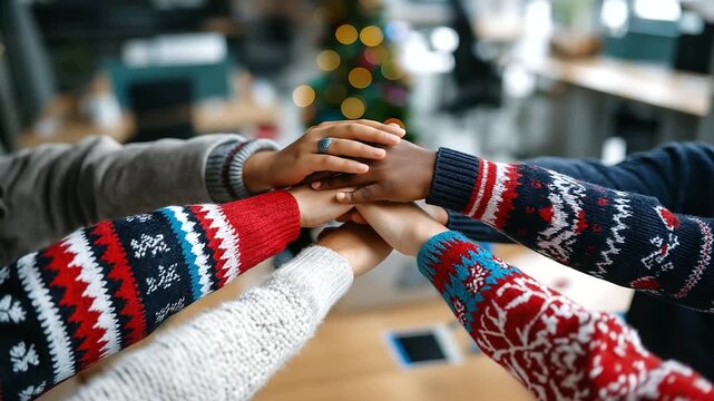 Top view young Asian team stacking hands with Christmas sweaters, defocused ornaments, winter office unity, holiday collaboration gesture, seasonal togetherness moment, with copy s