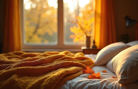 Cozy bedroom with soft yellow blanket on bed, white pillows and autumn leaves by window. Morning sun shines through orange curtains, illuminating fall foliage outside. Peaceful, warm atmosphere.