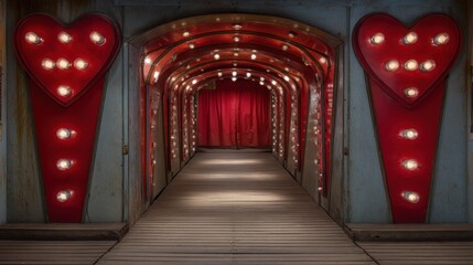 Enchanted tunnel with glowing hearts and bright lights leading to a vibrant red curtain, inviting and enchanting atmosphere for romantic settings