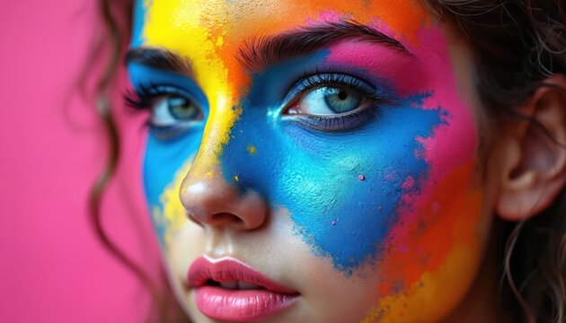 Close-up portrait of young womans face covered in vibrant colorful paint. Model displays intense gaze with modern urban makeup. Bold hues create artistic, playful aesthetic. Image represents