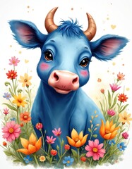 Naklejka premium Charming blue cow calf with big brown eyes, pink cheeks smiles. Cute animal stands among bright colorful wild spring summer flowers. Vibrant whimsical illustration artwork ideal for kids projects,
