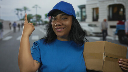 Woman wearing blue cap and shirt holding cardboard box points finger upward amid blurred traffic on street in city; confidence optimism.