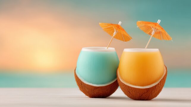 Refreshing tropical drinks in coconut shells with colorful umbrellas against a vibrant sunset background, perfect for summer and vacation themes.