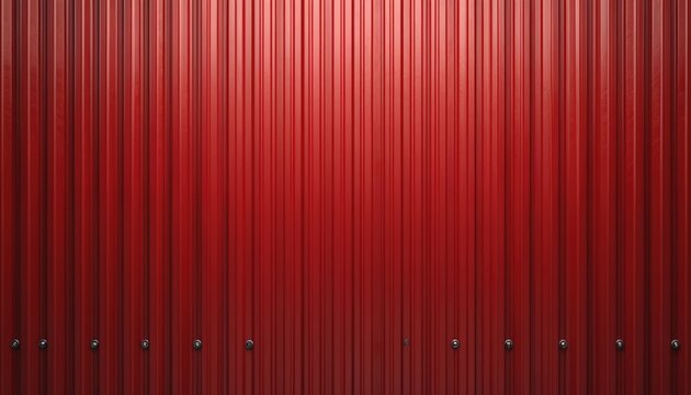 Shiny red corrugated metal sheet forms a textured vertical pattern background. Screws fasten panels together showing industrial construction material.