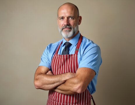 Stylish bald butcher with grey beard, wears blue shirt tie and red white striped apron. Man poses arms crossed looking at camera. He represents meat profession and food business.