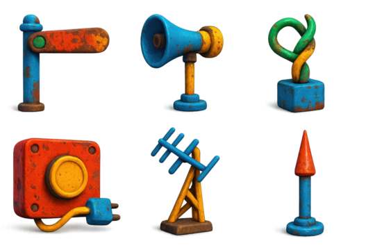 Decommissioned Signal Icons. 3D icon set of decommissioned signal systems: rusted semaphore arm, silent horn mount, twisted wire