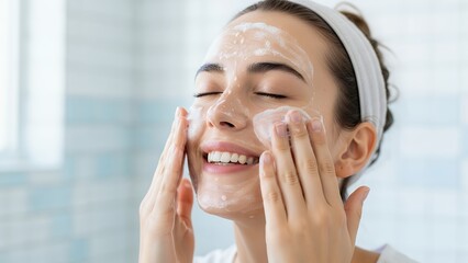 Young Woman Applying Face Wash in Bright Bathroom with Natural Light