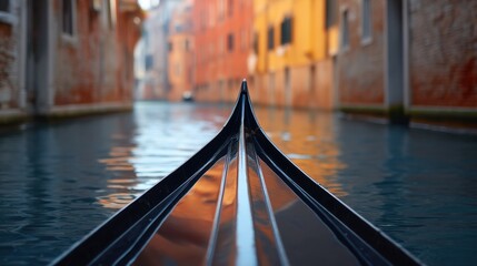 Serene View from the Bow of a Gondola Gliding Through the Calm Waters of a Venetian Canal with Historic Buildings in the Background