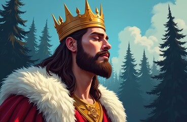 Naklejka premium Digital painting presents king in woods. He wears crown and royal attire. This monarch represents leadership and wealth. Majestic character from fairy tale looks powerful at wood.