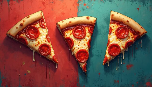 Three pepperoni pizza slices rest on distressed, split red, teal background. Melted cheese drips from savory, saucy pizza wedges. Illustration captures delicious appeal of classic Italian-American