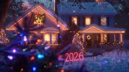 Festive illuminated house exterior with holiday lights at twilight