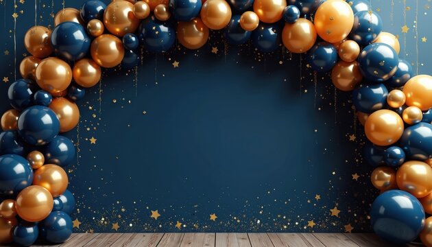 Elegant blue, gold balloon arch frames festive background. Glittering stars, golden confetti fall on dark wall. Wooden floor provides sturdy base for party decor. Luxury celebration setup perfect for