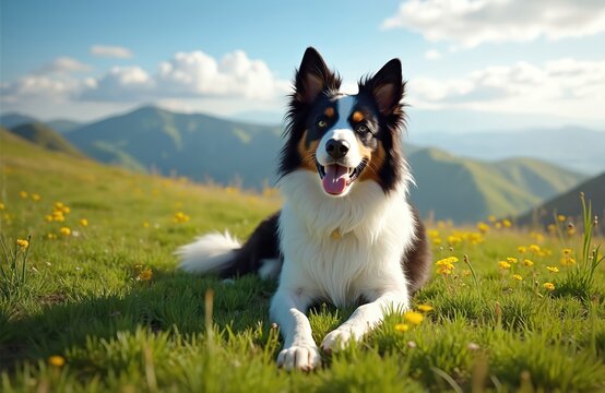 Border Collie rests on green grass in mountain meadow with yellow flowers. Blue sky, white clouds, rolling hills form background. Pet enjoys nature on sunny day.
