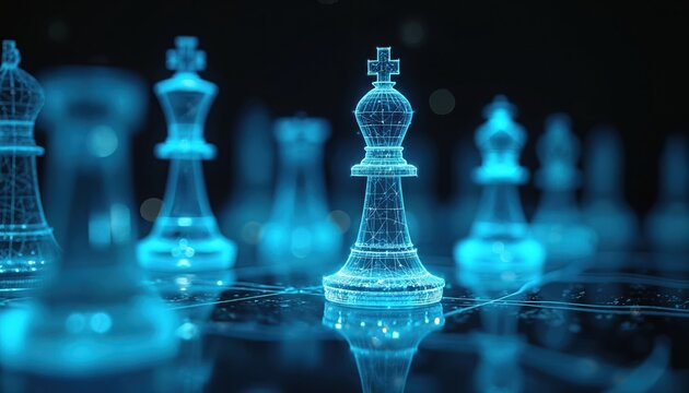 Digital chess pieces glow in dark room. Strategy concept illustrates artificial intellegence. Abstract chessboard future competition. Gaming board planning skills, success in business, intellectual - Powered by Adobe