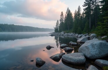 Obraz premium Serene lake with calm water, evergreen trees, and large rocks by the shore. Misty morning atmosphere, reflections on the lake surface. Peaceful scenery in a forested area, natural landscape.