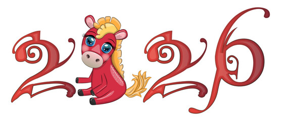 Obraz premium A banner for Chinese New Year 2026, combining an image of a horse and the number 2026, done in a cartoon style, the year of the horse.