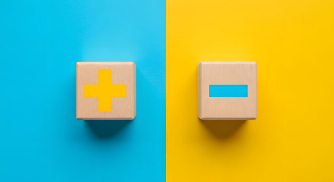 Pros and cons or strengths and weaknesses concept. Plus and minus symbols on colorful background .