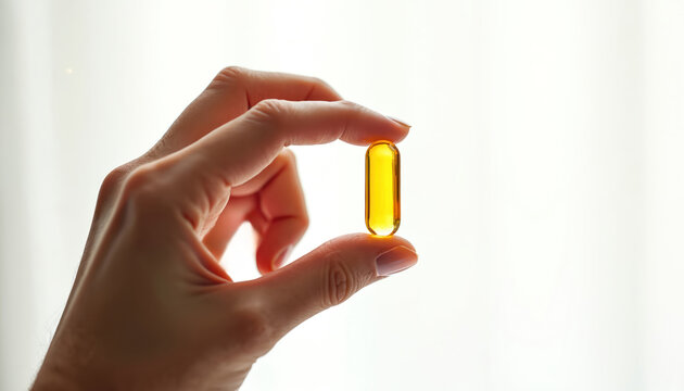 Person holds yellow capsule between fingers. Soft gel supplement for health and wellness. Oval pill symbolizes nourishment and therapy. White background.