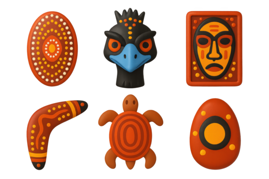Aboriginal Symbols Icons. 3D icon set of Australian Aboriginal symbols: dot-painted ceremonial shield, emu spirit mask, bark