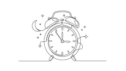 Continuous line drawing of alarm clock with moon and stars, bedtime concept