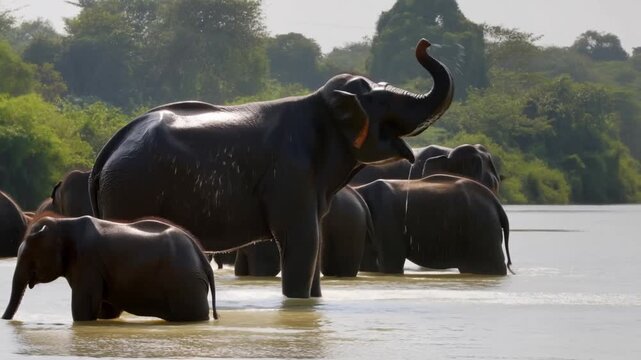 A group of elephants standing in the water near the riverside Stock Video