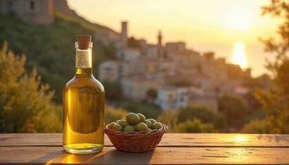 Bottle of golden olive oil and basket of green olives sit on weathered wood table. Blurred Mediterranean village scenery with warm sunset glow forms background. Fresh ingredient for healthy cooking.