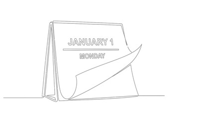 Minimalist calendar illustration showcasing January 1st Monday with page turning effect