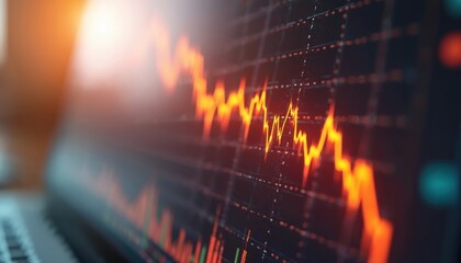 Digital screen displays vibrant red downward trend line graph. Finance chart signals significant earning loss, economic crisis. Business performance decreased. Stock market faces recession, global