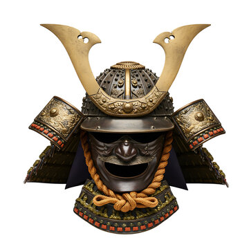 An ornate and traditional Japanese samurai kabuto helmet with a fearsome mask isolated on a white background.