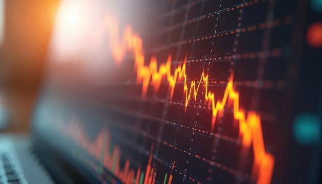 Digital screen displays vibrant red downward trend line graph. Finance chart signals significant earning loss, economic crisis. Business performance decreased. Stock market faces recession, global
