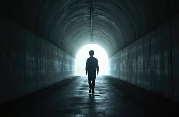 Fototapeta premium Man walks alone in dark tunnel towards bright light at end. Silhouette of person in gloomy corridor. Boy man escaping darkness, seeking freedom, escape from sorrow. Lonely person walks through tunnel