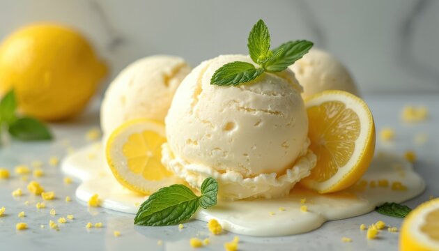Yellow lemon ice cream scoops with mint leaves and citrus slices. Cool, refreshing dessert melts slowly on white surface. Sweet dairy treat with fruity zest flavor.