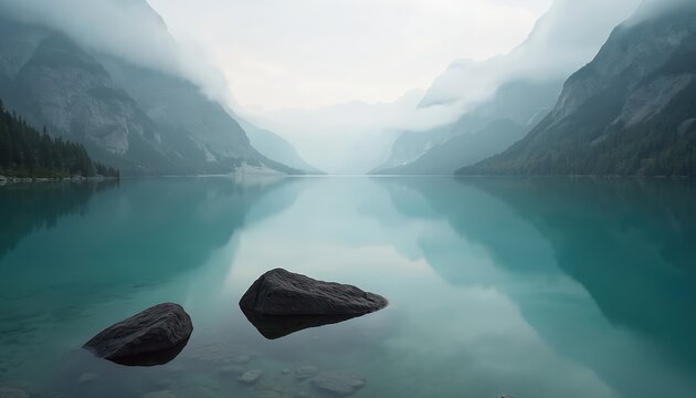 Misty mountain lake with clear turquoise water. Rocks rest in calm surface reflecting soft grey sky and green pine forest. Serene natural landscape offers quiet peaceful moment.