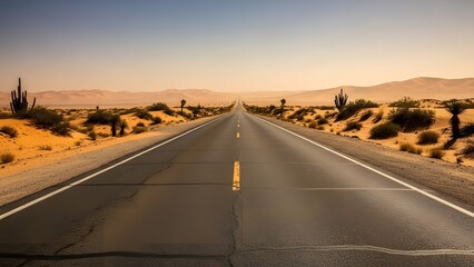 Long Straight Asphalt Desert Highway Running to the Horizon Through Sand Dunes and Cacti Under a Clear, Hazy Sky, Symbolizing Freedom