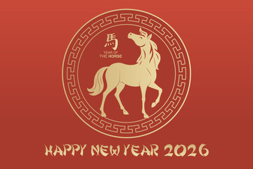 Happy Chinese New Year 2026 the horse zodiac sign or symbol on red background
