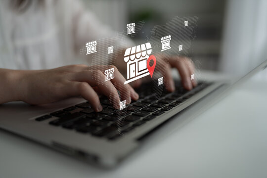 Hands typing on a laptop illustrate the digital marketing landscape, emphasizing online shopping, navigation, and the integration of technology in retail experiences. Gantry