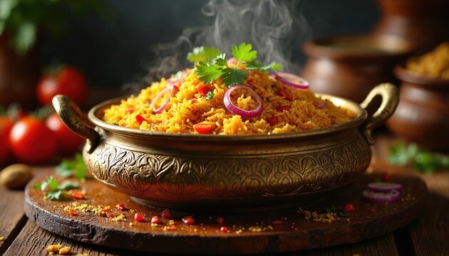 Aromatic vegetable biryani steams in ornate bowl. Authentic indian dish with basmati rice, vegetables and spices. Topped with onion rings and cilantro garnish. Vegan vegetarian meal on wood table. - Powered by Adobe