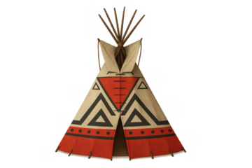 Tipi dwelling with traditional patterns representing indigenous culture and history, standing on transparent background