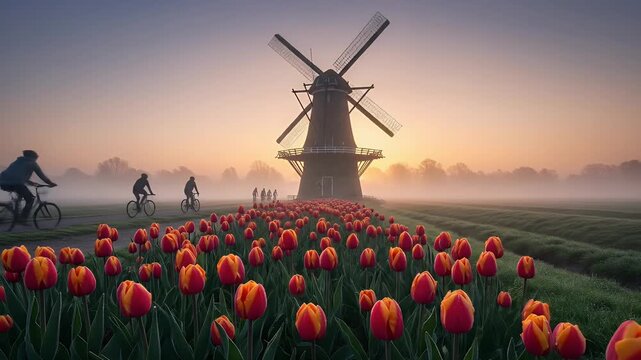 Dutch Tulips Field With Windmill At Sunrise Cyclists Riding Through Fog