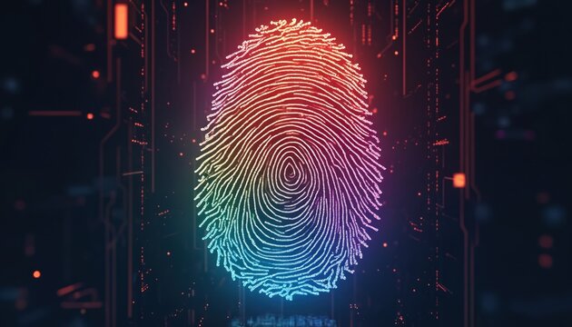 Glowing digital fingerprint with colorful particles forms on dark circuit board background. Abstract representation of biometrics identity verification secure access data protection.