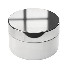 Shiny silver container with lid, round shape, and reflective surface.