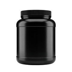A plain black plastic jar with a screw-on lid, isolated on a white background, suitable for supplements or powders.